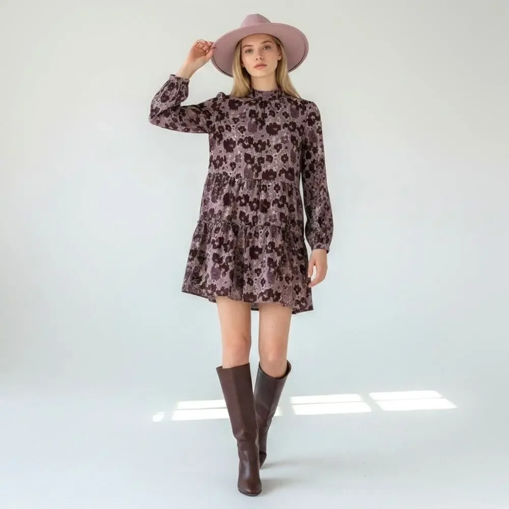 NWT Roolee Women's Bloomwood Mauve Floral Drop Waist Long Sleeve Midi Dress - M